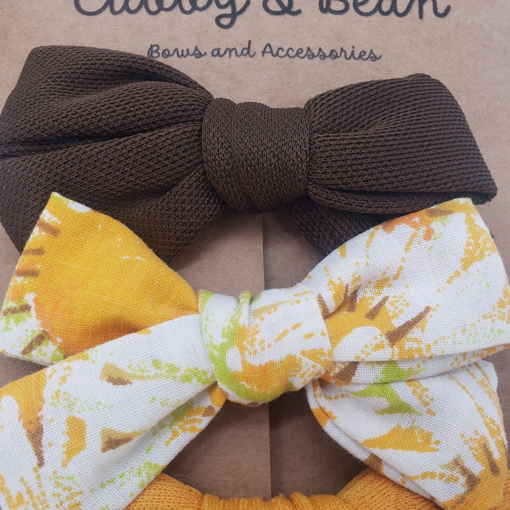 001A Sunflower Field Hair Bows on Clips Yellow and Brown Handmade - Picture 3 of 5